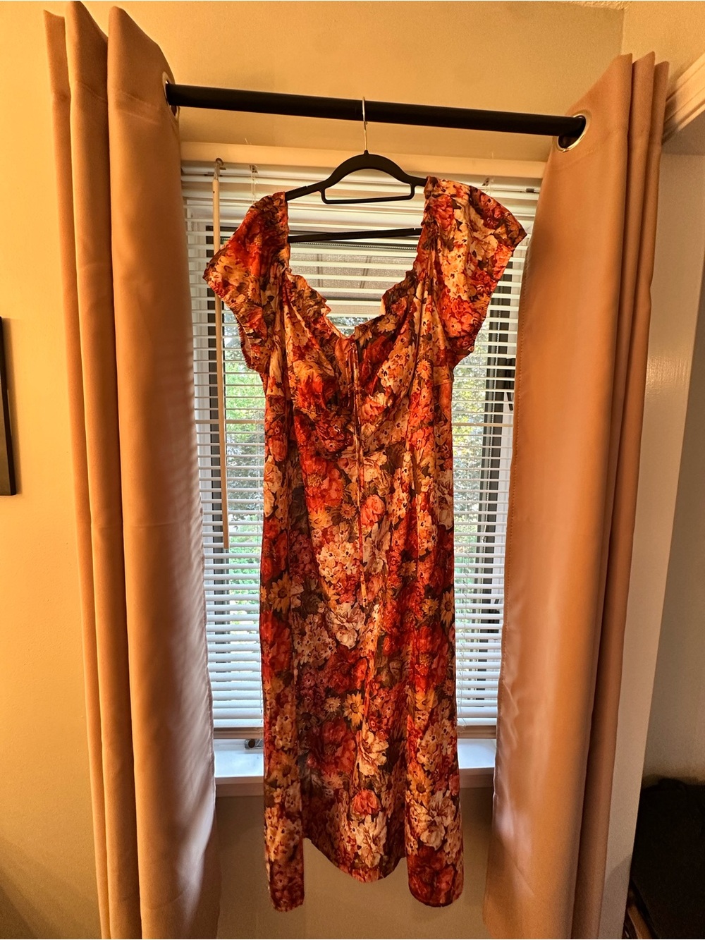 SHEIN Red Orange Floral Midi Dress with Ruffle V-Neck